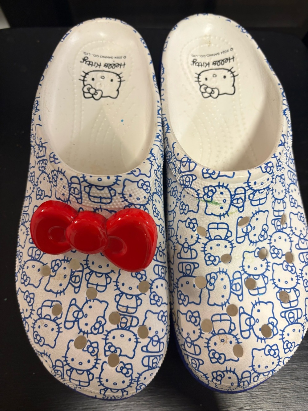 Hello Kitty White & Blue Printed adult Slip-On Clogs with Red Bow